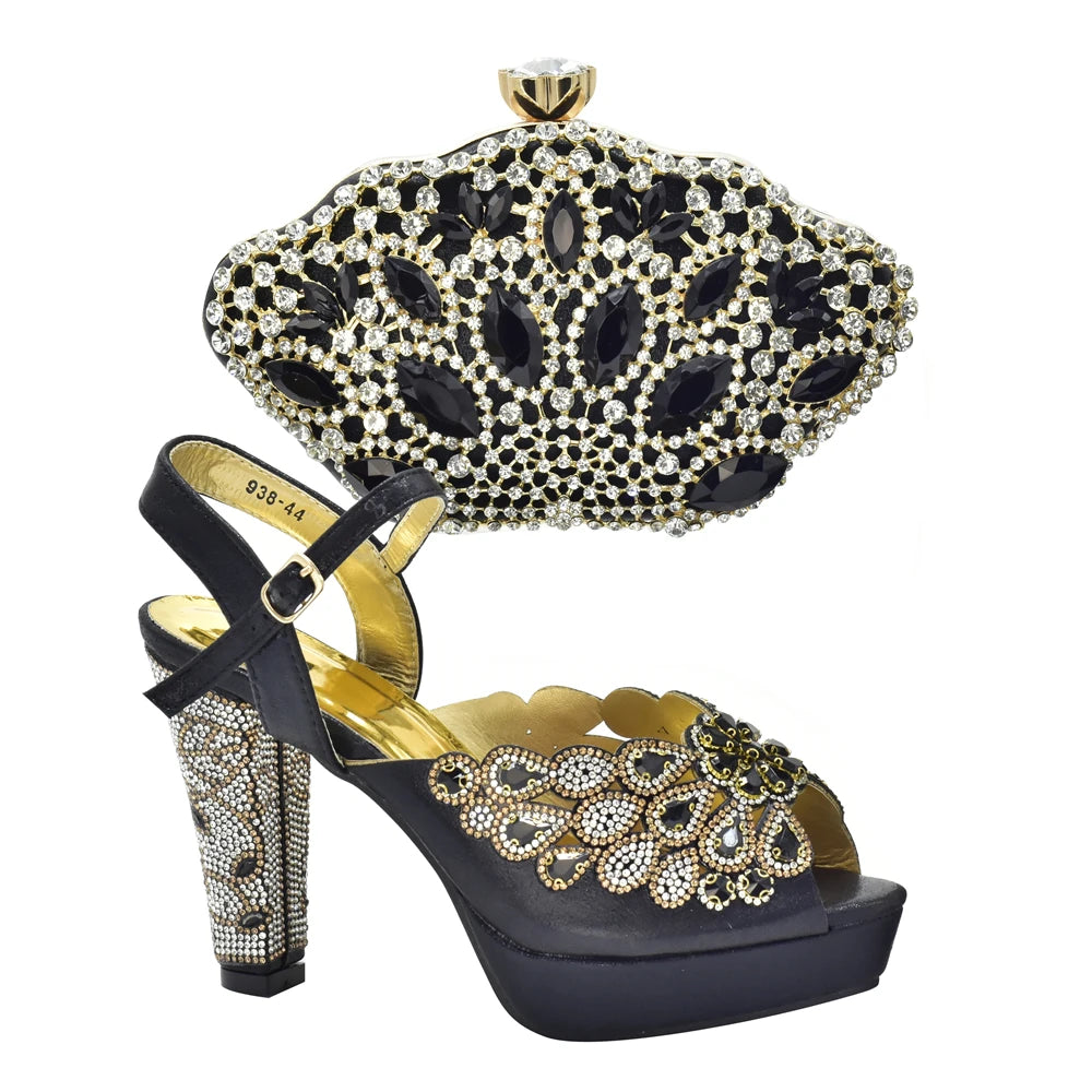 New Arrival Italian Party Shoes and Bag Set Decorated with Rhinestone African Women Wedding Shoes Bride Plus Size Women Shoes 43