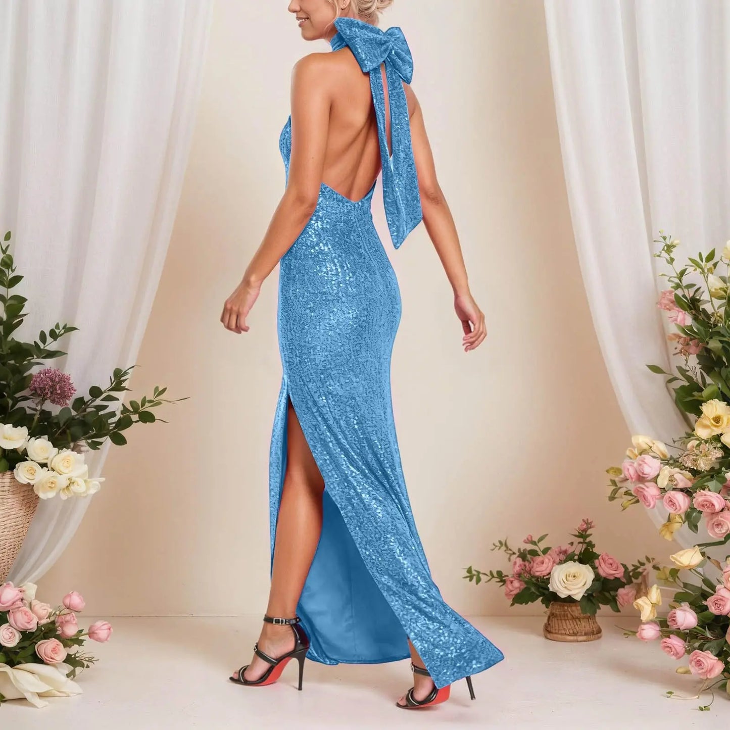 Women's Sequined Long Party Dresses Fashion Solid Color Hanging Neck Round Neck Bow Sleeveless Slit Long Dress Evening Dresses