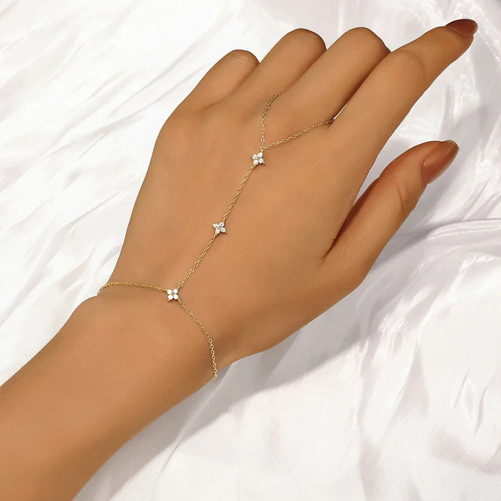 5A Zircon Finger Ring Chain Bracelets Horse Eye Lucky Clover Lab diamond Bracelet for Women Adjustable 925 Silver Jewelry