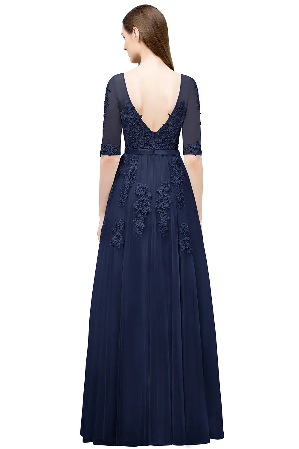 Elegant Half Sleeve Evening Dresses Lace Appliques A-Line Long Tulle Strap V-Neck Sheer Backless Prom Dress Empire Party Gowns