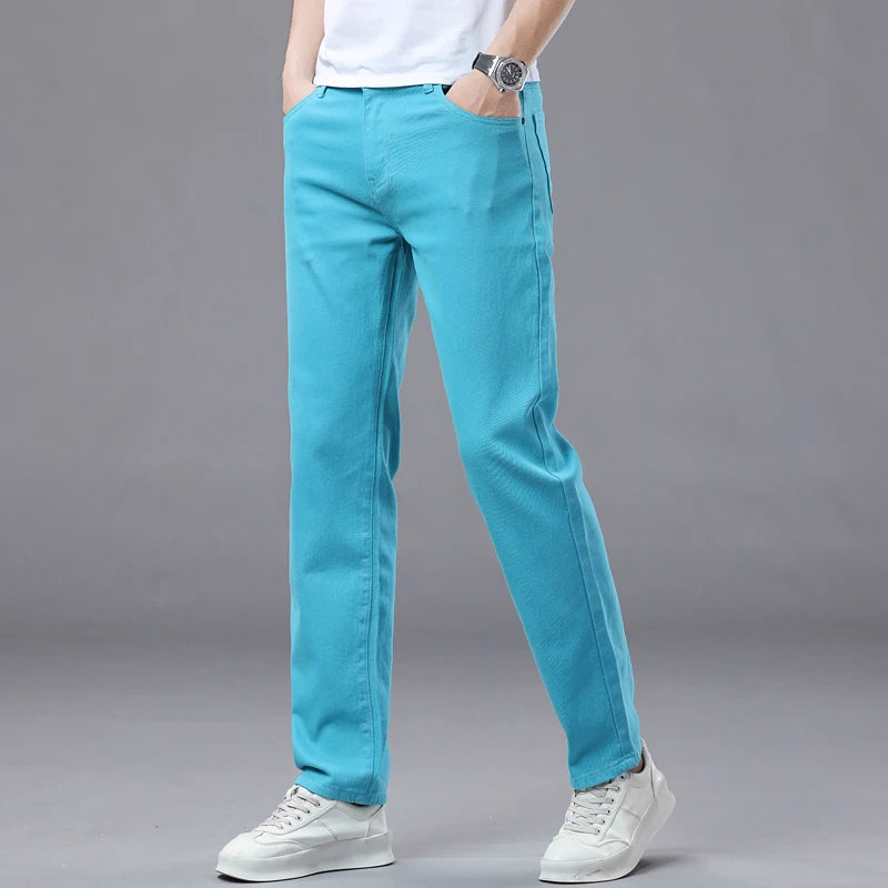 2025 Autumn Men's Elastic Colorful Jeans Breathable Casual  Straight Fitted Solid Color Denim Pants Korean Fashion Trousers