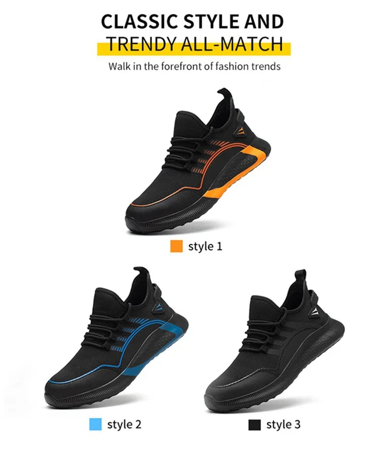 Men's Safety Shoes Anti- Crush Steel Toe Puncture Resistant Kevlar Lightweight Breathable Upper Slip-On Work Shoes