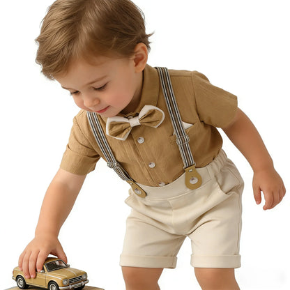 Kids Clothes Set Toddler Boys Gentleman Suit Khaki Short Sleeve Shirt with Bow Tie Shorts Formal Outfit Wedding Birthday Party