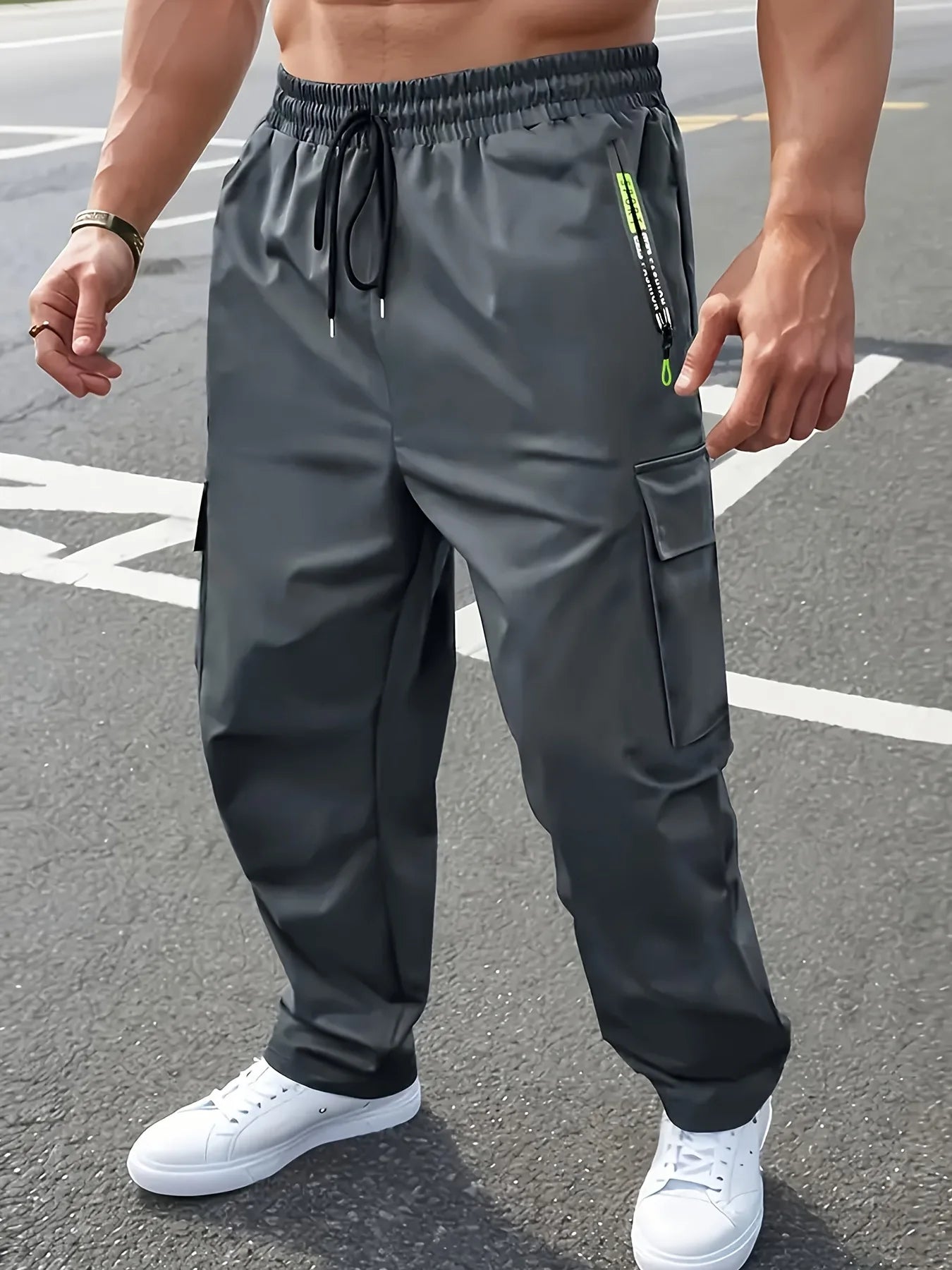 Men Lightweight Cargo Pants with Drawstring Elastic Waist Multiple Zipper Pockets Large Side Pockets Breathable Regular Fit