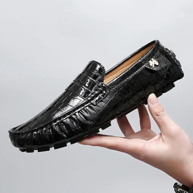 Patent Leather Loafers for Men, Crocodile Pattern, Korean Style, Trendy, Popular Casual Leather Shoes, Slip-On Loafers, Lazy Shoes
