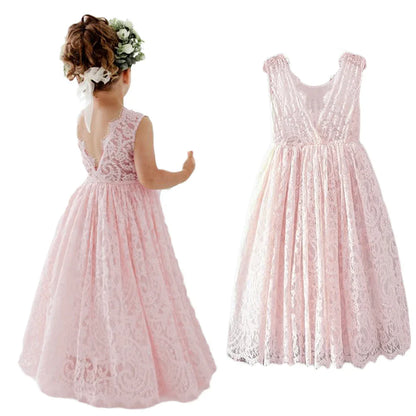 Princess Girls Lace Bohemia Long Dresses Baby Kids Flower Wedding Party Dress Cotton Lining Vestidos Costume Children Clothing