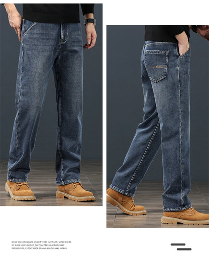 Winter Fleece Men Jeans Classic Loose Straight Warm Thicken Trousers Business Casual Velvet Elastic Denim Pants Plus Size 42 44