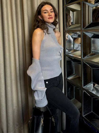 Trendix Hollow Out Sweater Sets For Women 2025 Fall New Long Sleeve Knitwear Shawl Suits Sexy Backless Knit Tank Top 2 Piece Set