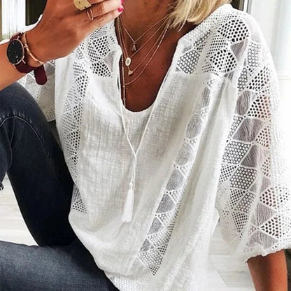 Women's Hollow Out V-Neck Short Sleeve Cotton White Shirt Loose Stitching Lace Blouse Casual Tops Summer Fashion 2025 24294