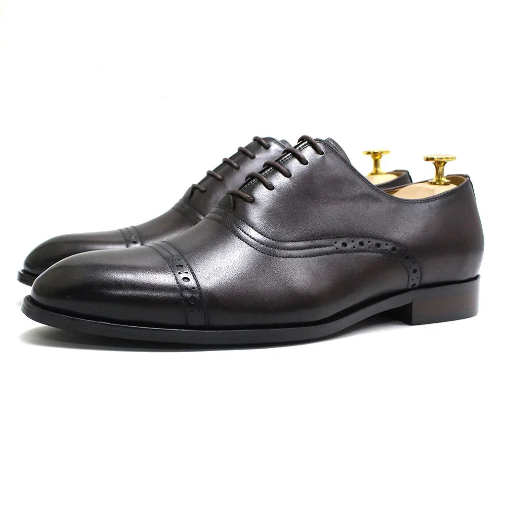 Men's Genuine Leather Oxfords Handmade Cap Toe Dress Shoes Lace-Up Formal Wedding Shoes Business Office Male Footwear