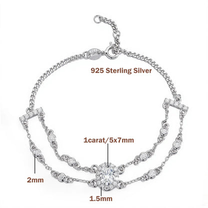 1carat Oval Cut Full Moissanite Diamond Charm Bracelet with Round Bubble S925 Silver Wrist Chain for Women Luxury Jewelry Gift