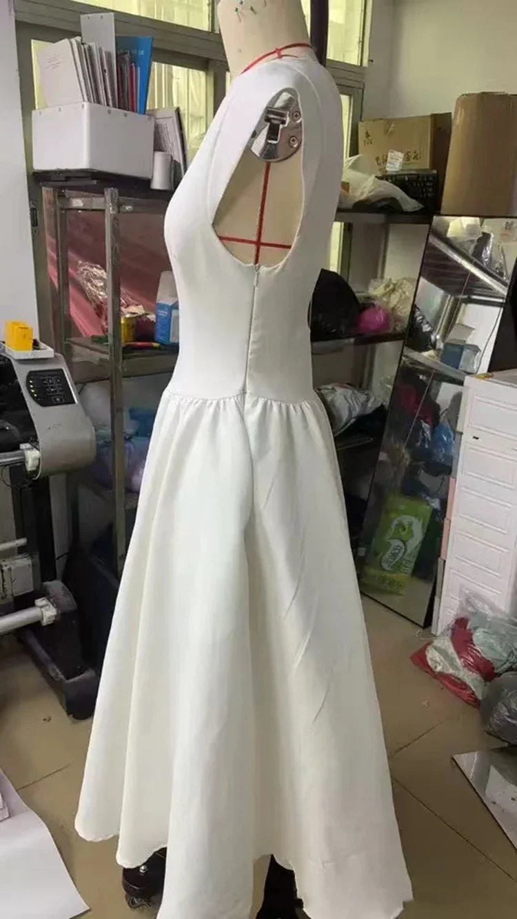 Women Circle Cut Out Back Dress Wide Shoulders and Fitted Waist Prom Dress Fluffy Hem Midi Wedding Party Dresses
