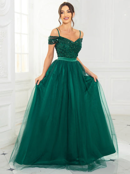 A Line Prom Evening Gown Off the Shoulder Backless Lace Up Sequin Patchwork Mesh Skirt Maxi Dresses for Women
