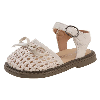 Kids Summer Casual Sandals Sweet Bow Girls Woven Flat Shoes Non-slip Children's Hollow-out Beach Sandals for School Daily Wear