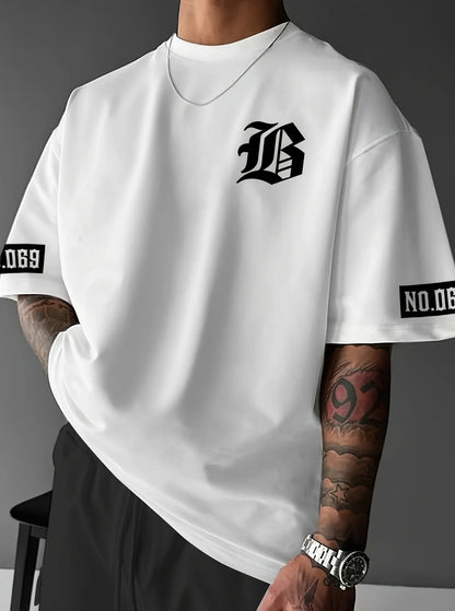 LB Letter Print Casual Graphic T-Shirt Short Sleeve Sports men's T-shirt Unisex Casual Daily Wear Summer Men's Racing T-shirt