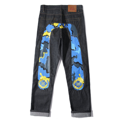 Men's Japanese Handmade Embroidered Cotton Jeans Straight Tube Slim Fit Hip-Hop Trousers Red Ear Detail Devil Big M Golden Text