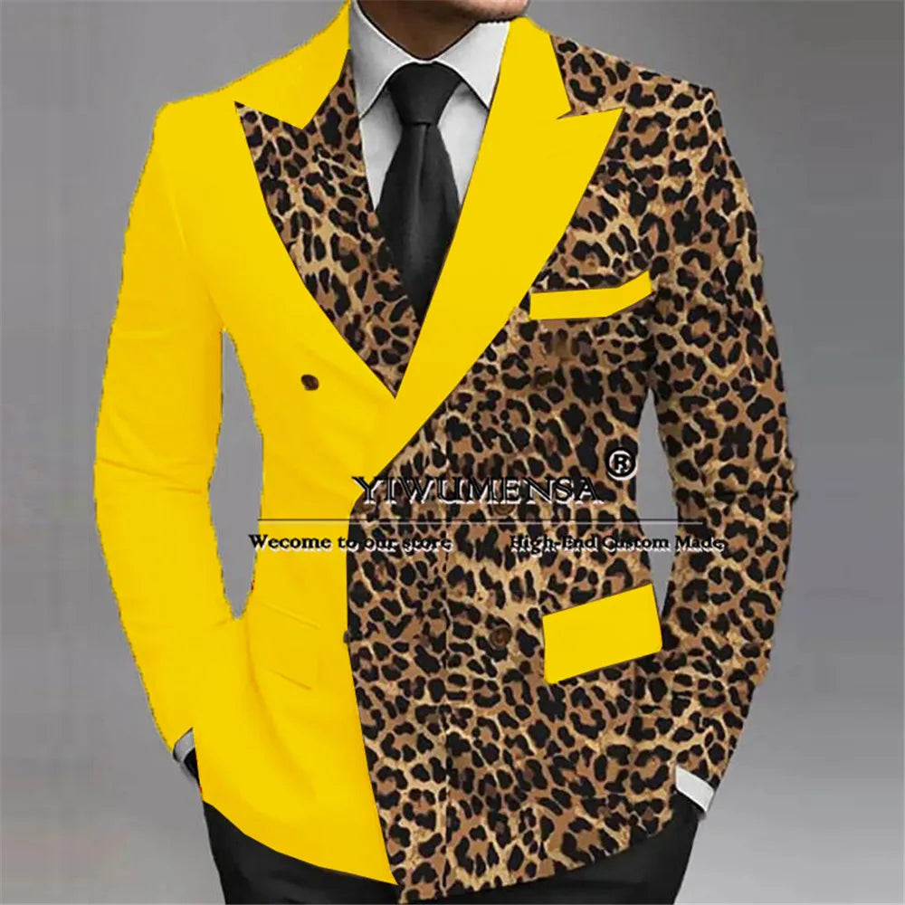 Leopard Splicing Wedding Tuxedo Bespoke Groom Wear Peaked Lapel Prom Male Birthday Party Jacket Black Pants 2 Pieces Suits Men