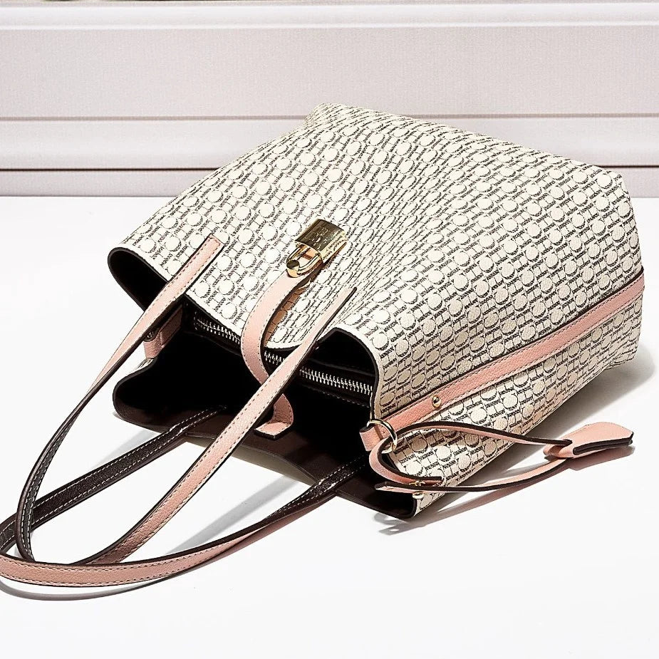 Exquisite Monogram Tote Bag Padlock Accent Quality Shoulder Straps Fine Stitching Spacious Daily Commute Travel Essential