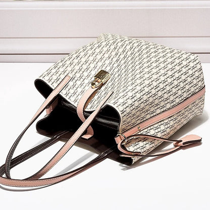 Exquisite Monogram Tote Bag Padlock Accent Quality Shoulder Straps Fine Stitching Spacious Daily Commute Travel Essential
