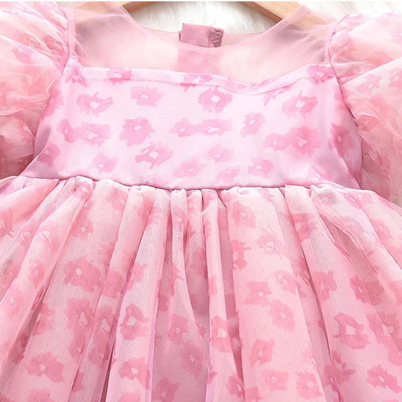 2026 New Girls' Summer Dress 2-8Y Sweet Girls Floral Puff Short Sleeve Princess Dress Kid's Clothes Children's Mesh Dress