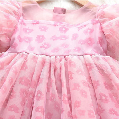 2026 New Girls' Summer Dress 2-8Y Sweet Girls Floral Puff Short Sleeve Princess Dress Kid's Clothes Children's Mesh Dress