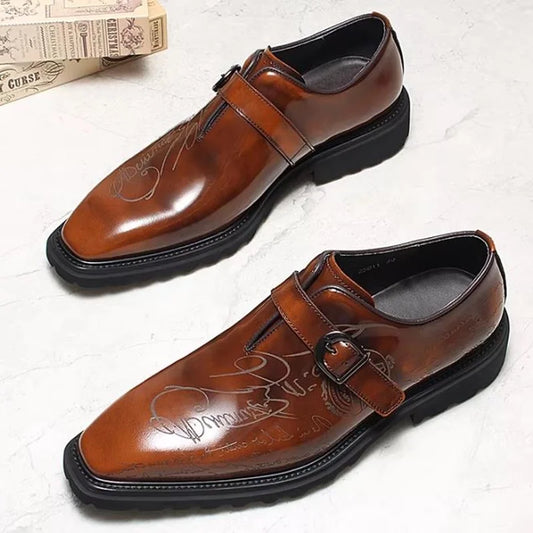 High-end Square-toe Slip-on Buckle Strap Leather Shoes Men Italian Formal Shoes Laser Engraved Letters Design Wedding Shoes Man