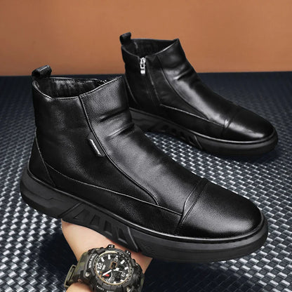 Winter Quality High Top Mens Leather Boots Zip Fashion Plush Warm Men Ankle Boots Soft Sole Male Casual Boots Platform Work Boot