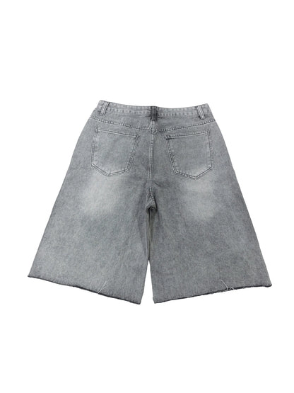 Men s Stylish Knee-Length Denim Shorts with Embroidered Logo and Rhinestone Detailing for Summer Casual Wear