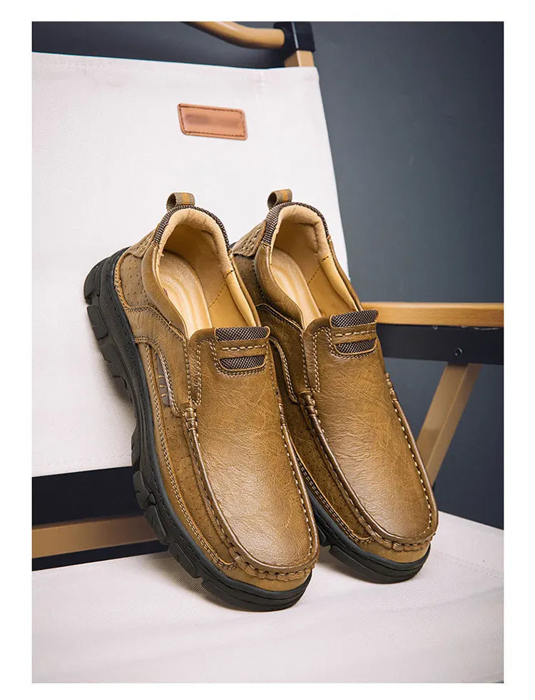 Men's Casual Loafers Handmade Breathable Leather Shoes with Thick Rubber Sole Comfortable Footwear Classic Hand Sewn Seams