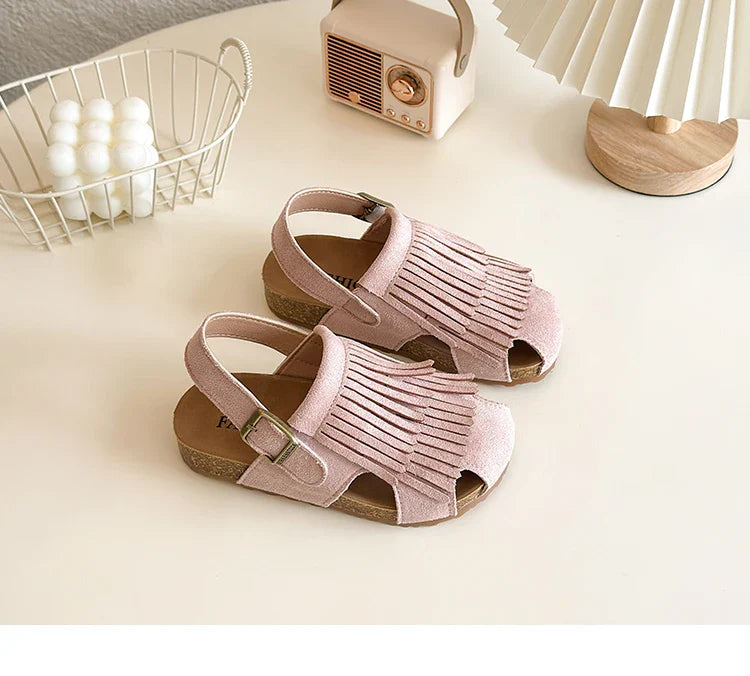 2025 Summer New Girls' Sandals Korean Style Tassel Princess Shoes Frosted Leather Hollow Sandals Comfortable 23-31