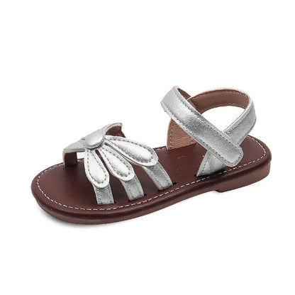 Girls Sandals Hook&loop Kids Beach Shoes Soild Color Versatile 2025 Summer Girls Princess Shoes Retro Sweet Flowers Korean Style