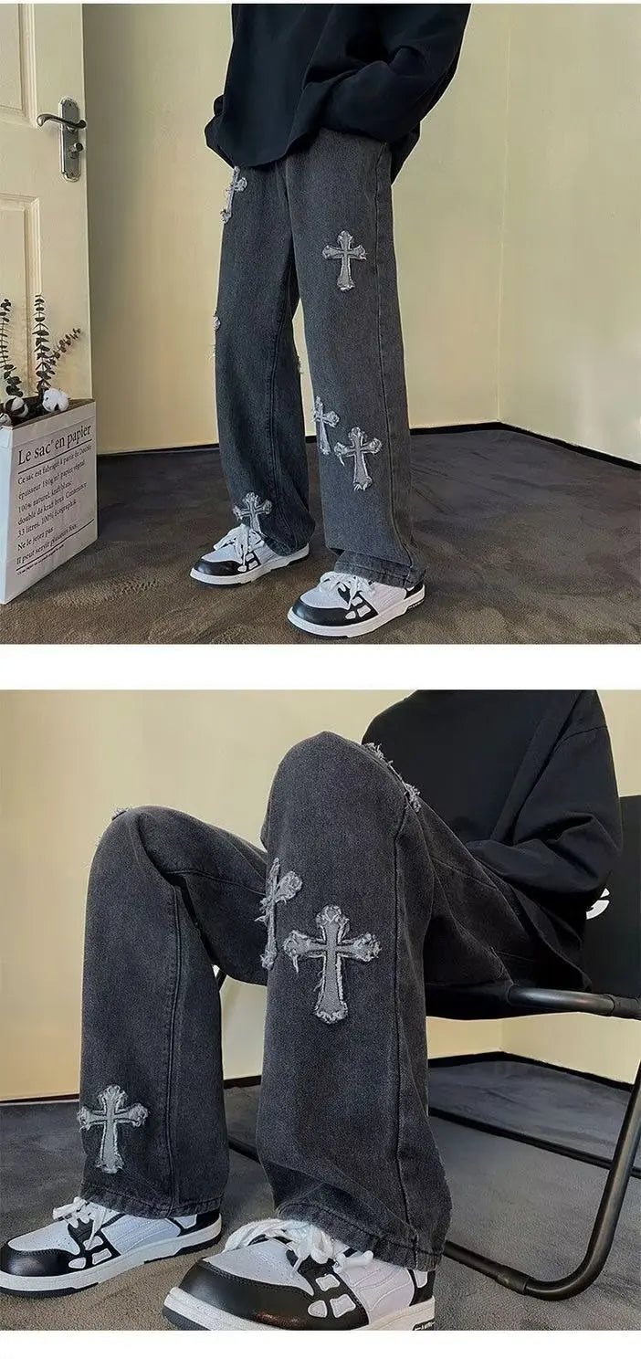 Vintage Men's Straight Jeans Cross Embroidery Casual Jeans Denim Loose Hip Hop Four Seasons Fashion Streetwear Pants Black Blue