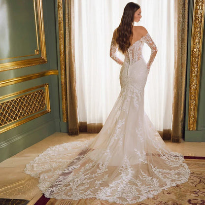 Customized Sexy Mermaid Strapless Wedding Dresses Long Sheer Sleeves Applique Bridal Low Back Pearl Vestidos De Novia