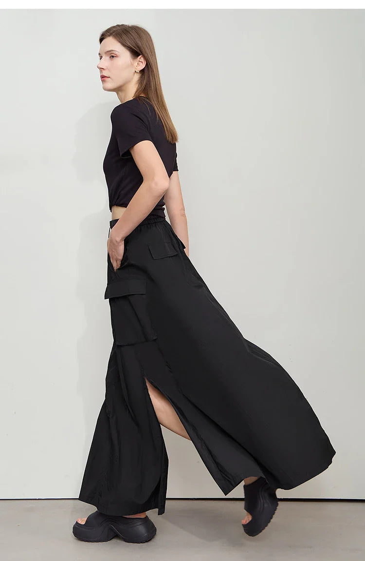 Vacation Long Skirt 2025 Summer Women Loose Sun Protection Office Lady Solid Pockets Elastic Waist Cord Slit Skirt 12542106