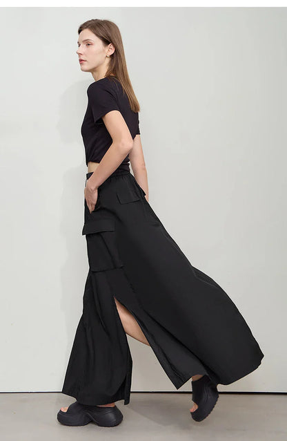 Vacation Long Skirt 2025 Summer Women Loose Sun Protection Office Lady Solid Pockets Elastic Waist Cord Slit Skirt 12542106