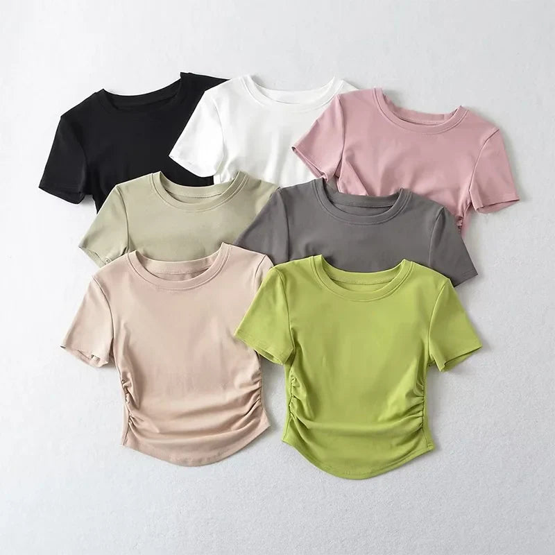 Harajuku Women Crew Neck Short Sleeve Cotton Tee With Ruched Sides Detail T-shirts