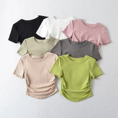 Harajuku Women Crew Neck Short Sleeve Cotton Tee With Ruched Sides Detail T-shirts