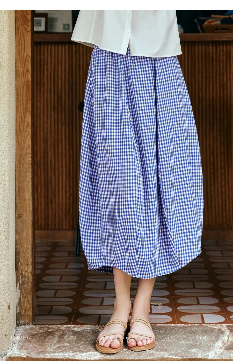 Women's Summer 2026 Midi Elastic Waistband Skirt Elegant Office Ladies Blue Plaid BUD Skirt Female Clothes O57XB99598