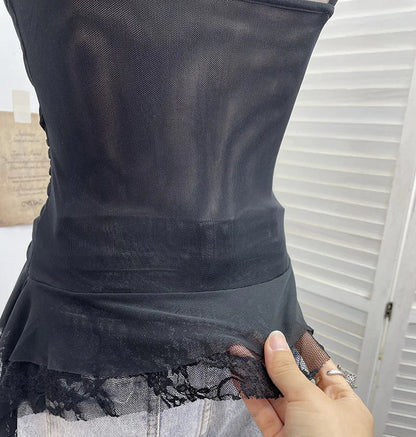 Summer Y2K Camisole for Women Casual Spaghetti Straps Double Layers Lace Stretch Mesh Patchwork Asymmetrical Slim Tops