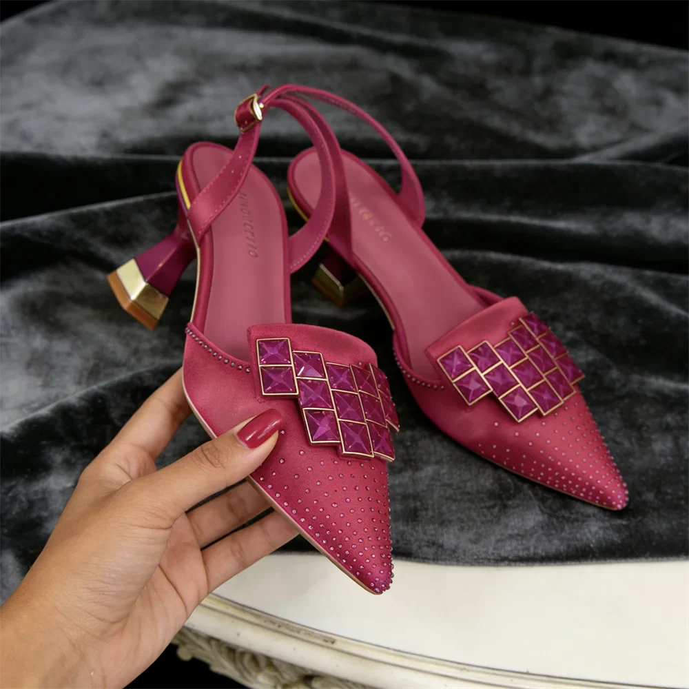 Luxury Mineral Blue Slingback Heels for Women Venus Chan Rhinestone Pointed Toe Pumps Wedding Party Dress Shoes