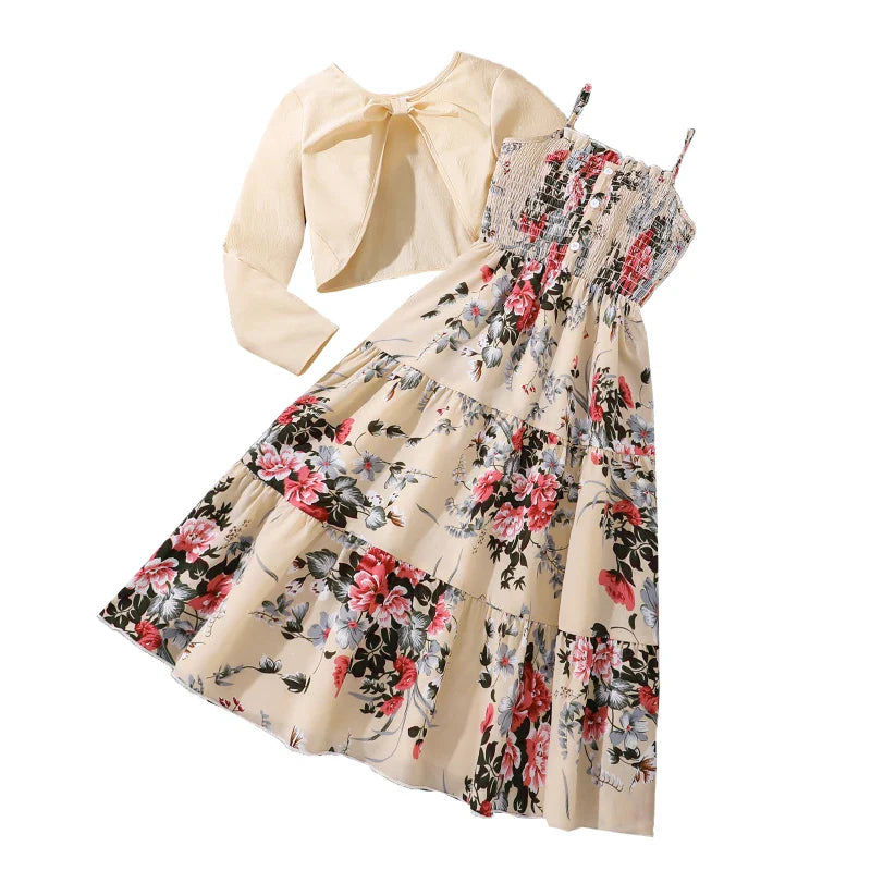 Kid Girl Long Sleeve Bow Design Coat & Beige All Print Shirred-Bodice Sling Dress Set Cute Sweet Elegant Princess Dress For Kids