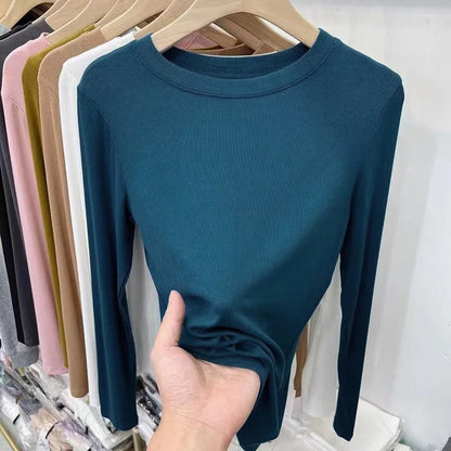 Outono Escritório Senhora Básica Gola Redonda Slim T-Shirt Feminina Cor Sólida Multicor Tendência Versátil Casual Top Manga Longa Elástico Canelado