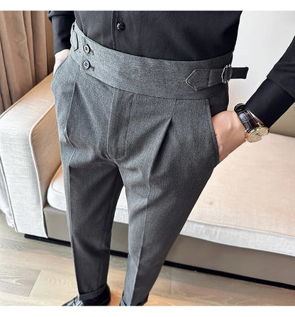 New Spring Autumn High Waist Smart Casual Dress Pants Men Belt Design Slim Suit Pants Formal Wedding Social Party Mens Trousers