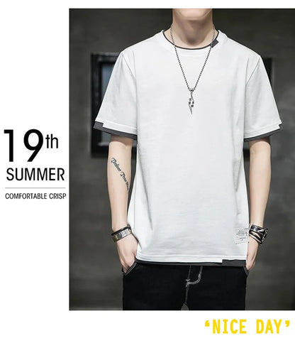 Classic Fake Two Short Sleeved Men's Pure Cotton T-shirt, Men's Summer Men's Interior Matching Trendy Brand T-shirt