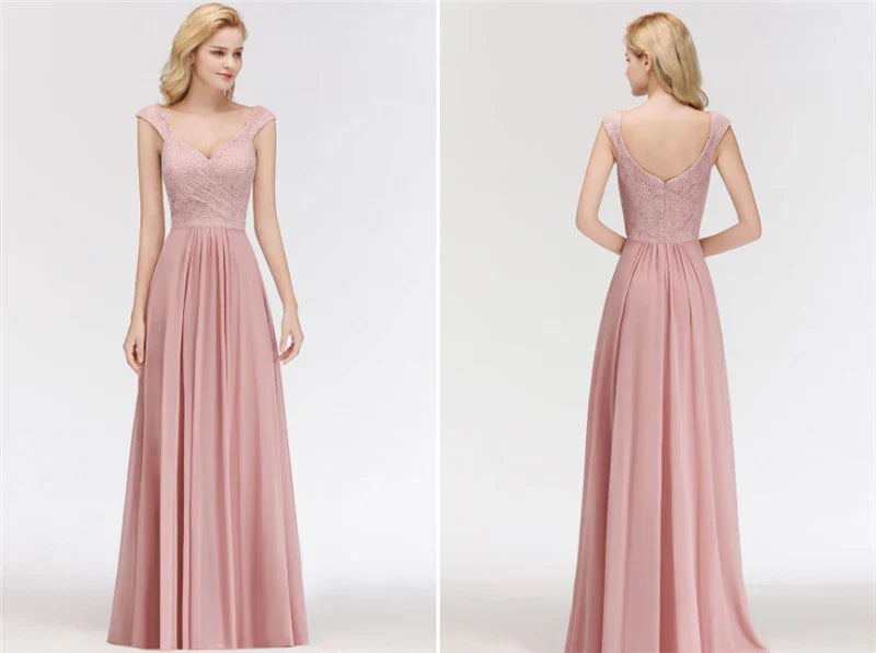 Dusty Pink Lace Chiffon Long Evening Dresses Women A-line Sleeveless Bridesmaid Formal Wedding Party Prom Gowns Robe De Soiree