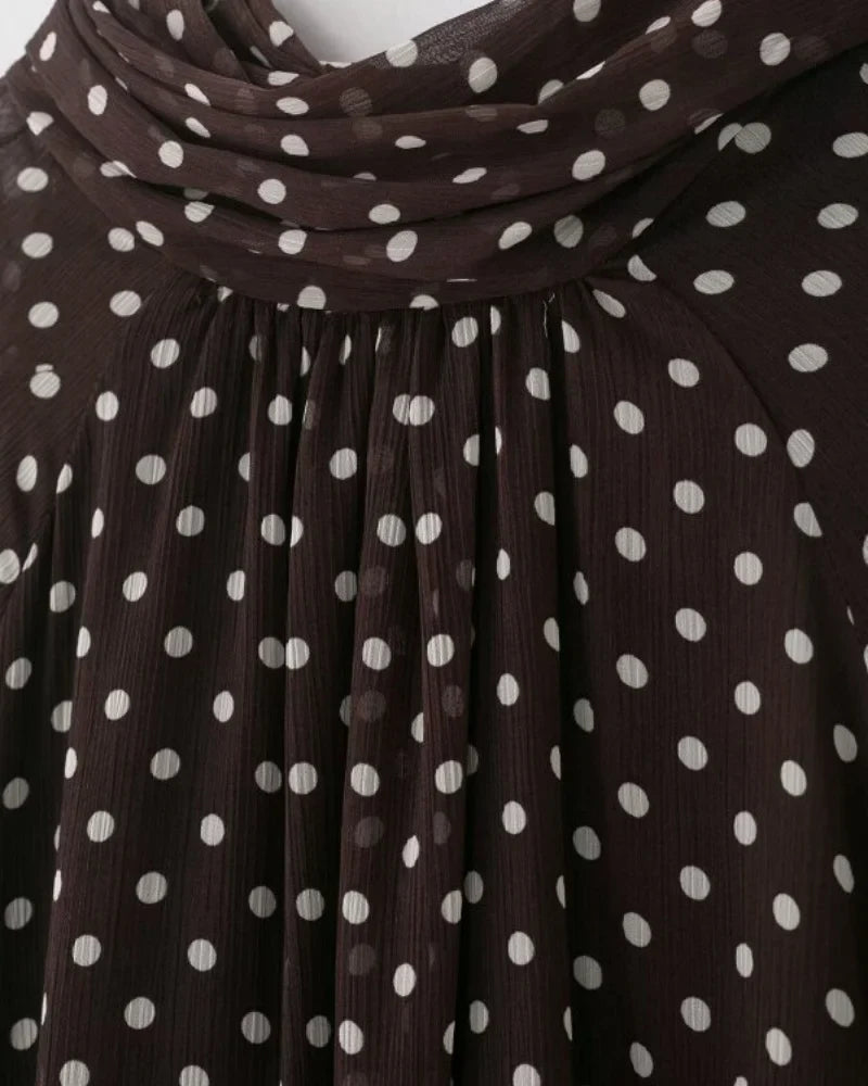 Elegant Women Polka Dot Blouse, Spring Bow Tie Lantern Sleeve Layered Neck Chiffon Shirt, Casual Daily Office Top