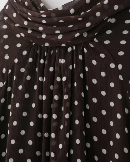 Elegant Women Polka Dot Blouse, Spring Bow Tie Lantern Sleeve Layered Neck Chiffon Shirt, Casual Daily Office Top