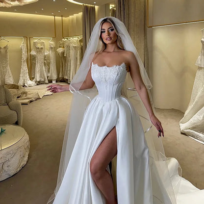 Elegant A-Line Wedding Dresses Strapless Side Slit Bridal Dress Women Appliques Evening Wedding Prom Gowns Customized