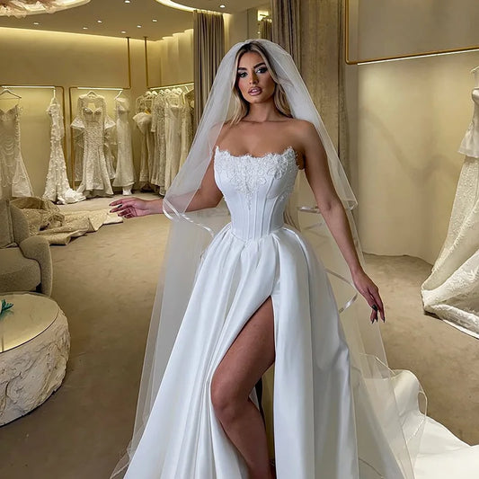 Elegant A-Line Wedding Dresses Strapless Side Slit Bridal Dress Women Appliques Evening Wedding Prom Gowns Customized