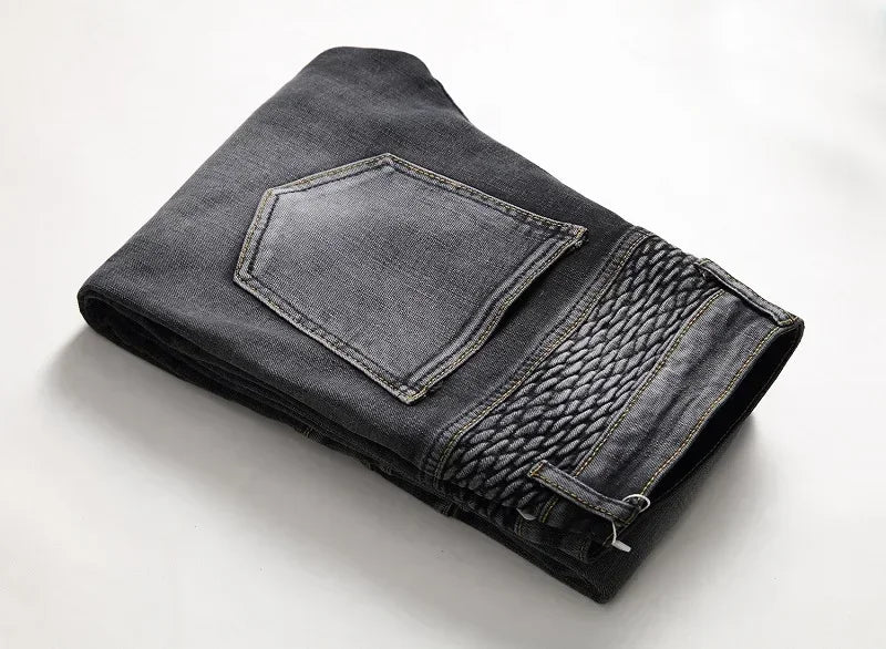 Calça Jeans Masculina Nova Casual Moto Hip Hop Rua Equitação Elástica Slim Reta Patchwork Moda Calças Jeans Masculinas